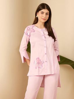 First Resort by Ramola Bachchan - Pink Floral Sequined Embroidered Shirt