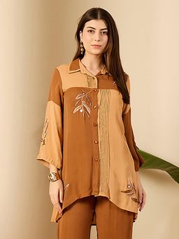 First Resort by Ramola Bachchan - Brown and Beige Patched Hand Embroidered Shirt