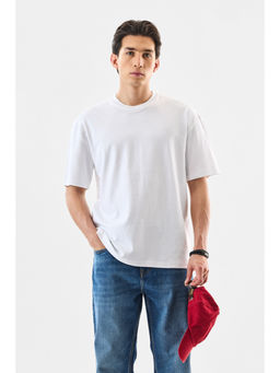 Snitch - White Solid Half Sleeves Oversized Casual T-Shirt
