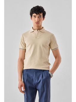 Snitch - Beige Textured Half Sleeves Regular Casual Polo T-Shirt