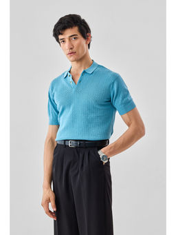 Snitch - Blue Self Design Half Sleeves Relaxed Casual Polo T-Shirt