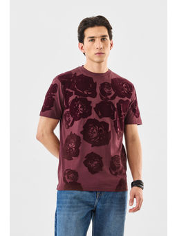 Snitch - Burgundy Floral Half Sleeves Slim Casual T-Shirt