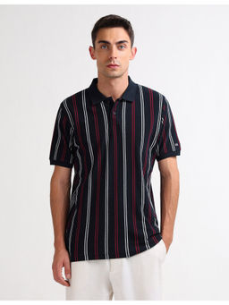 Arrow Sports - Navy Blue Vertical Striped Pure Cotton Polo T-Shirt
