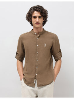 U.S. Polo Assn. Denim Co. - Mens Brown Solid Regular Fit Mandarin Casual Shirt