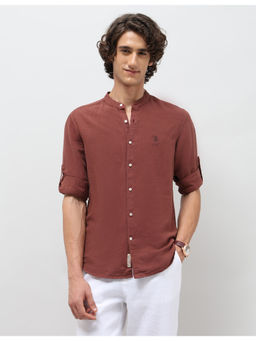 U.S. Polo Assn. Denim Co. - Mens Maroon Solid Regular Fit Mandarin Casual Shirt