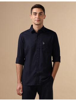 U.S. POLO ASSN. - Mens Navy Blue Dobby Pure Cotton Casual Shirt