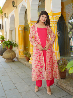HOUSE OF JAMOTI - Ruby Pink Solid Kurta Pant With Floral Organza Shrug (Set of 3)