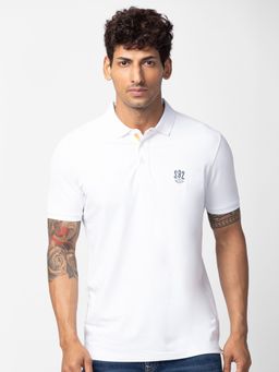 Spykar - White Polo Collar Half Sleeves Blended T-Shirt For Men