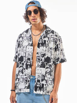 Bewakoof - Men's White & Black All Over Printed Oversized Shirt