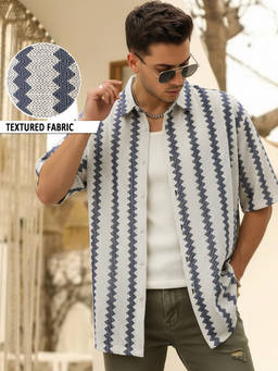 Bewakoof - Men's Off White & Blue Textured Oversized Shirt
