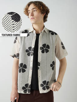 Bewakoof - Men's Beige Textured Oversized Crochet Shirt