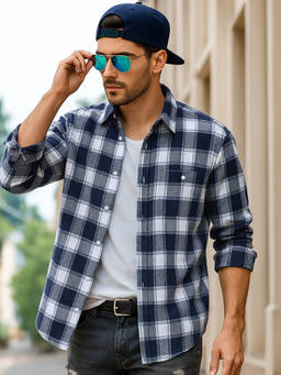 Bewakoof - Men's White & Blue Checked Oversized Shirt