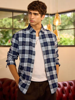 Bewakoof - Men's Navy Blue and White Checked Shirt