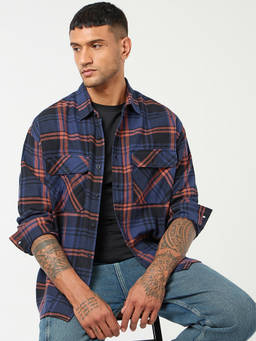 Bewakoof - Men Blue And Orange Checked Oversized Shirt