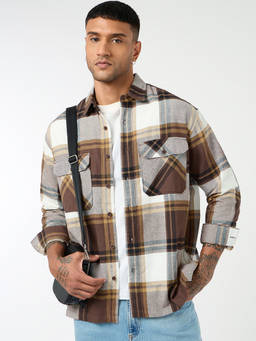 Bewakoof - Brown Checked Pure Cotton Oversized Shirt