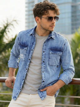 Bewakoof - Mens Blue Evolve Typography Washed Denim Shirt