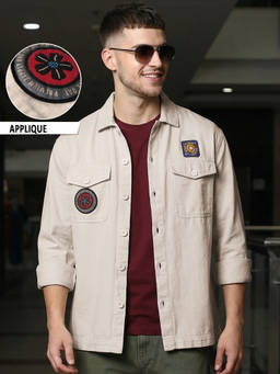 Bewakoof - Mens Beige Badge Oversized Casual Shirt