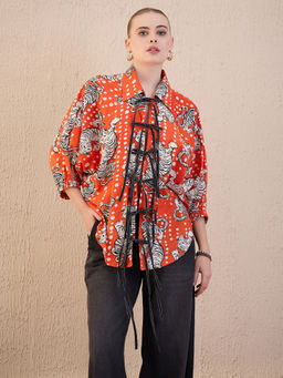 Uptownie - Printed Tie-Up Full Sleeve Cotton Rust Shirt