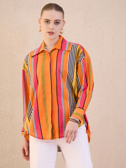 Uptownie - Printed Asymmetric Cotton Multicolor Shirt