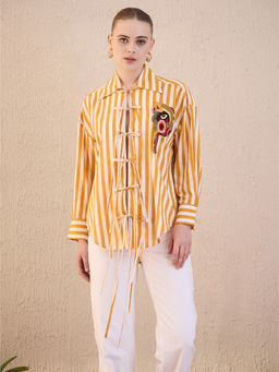 Uptownie - Printed Tie-Up Full Sleeve Sequinned Cotton Yellow Shirt