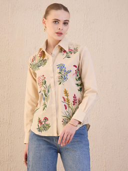 Uptownie - Embroidered Cotton Beige Floral Shirt