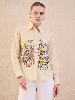 Uptownie - Embroidered Cotton Beige Shirt