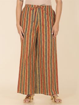 ARAMYA - Yellow Soft Cotton Striped Palazzo