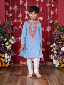 Kirti Agarwal Pret n Couture - Boys Blue Embroidered Kurta with Pyjama (Set of 2)