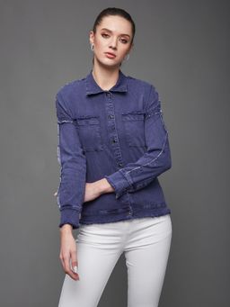 Miss Chase - Women's Blue-Colored Polo-Neck Full-Sleeve Denim Jacket Regular Length Jacket