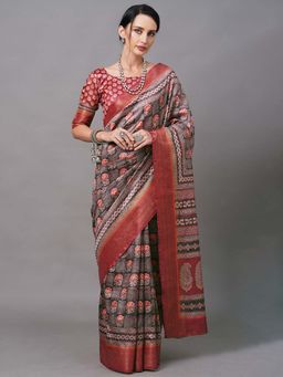 Akhilam - Women Linen Blend Olive Digital Print Designer Saree with Unstitched Blouse