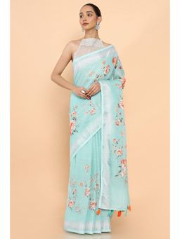 Soch - Women Turquoise Linen Floral Saree with Unstitched Blouse