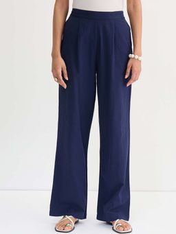 Femmella - Navy Blue Cotton Linen Straight Pants