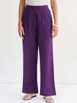 Femmella - Deep Purple Cotton Linen Straight Pants
