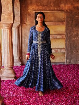 Karaj Jaipur - Navy Blue Printed Dress (Set of 3)