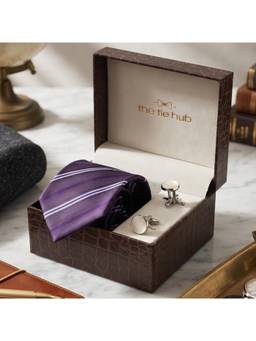 The Tie Hub - Purple Striped Silk Tie with White MOP Cufflinks