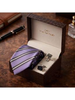 The Tie Hub - Purple Striped Silk Tie with Grid Pattern Cufflinks