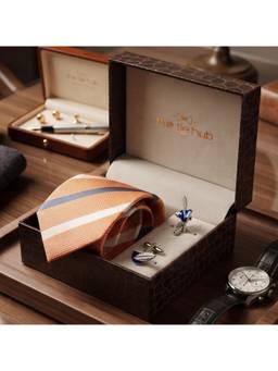 The Tie Hub - Orange & Blue Striped Silk Tie with Blue Cufflinks
