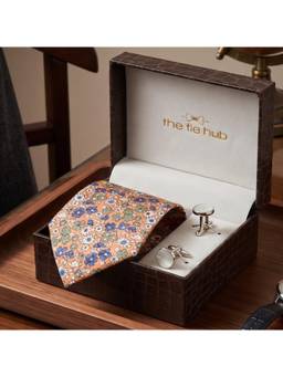 The Tie Hub - Orange & Blue Floral Silk Tie with White MOP Cufflinks