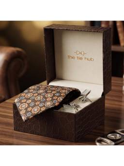 The Tie Hub - Brown Floral Silk Tie with White MOP Cufflinks