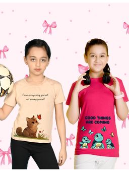 Nusyl - Girl Cat Printed and Turtles Printed Half Sleeves T-Shirt (Pack Of 2)