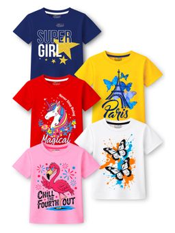 Trampoline - Girls Multi-ColorFlamingo and Butterfly Designs T-shirt Pack of 5