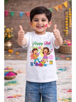 Trampoline - Kids Cotton Knit Holi Theme Half Sleeves Happy Holi Text Printed Tee - White