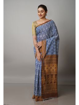 Unnati Silks - Navy Blue Screen Printed Chanderi Sico Saree with Unstitched Blouse