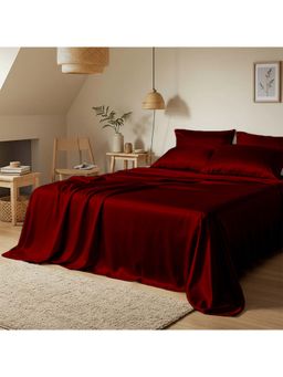 Razzai - Maroon Premium Satin Flat Bedsheet with 2 Pillow Covers