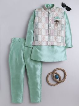 BT DEZINES - Boys Green Cotton Silk Patchwork Embroidered Kurta & Pyjama with Waistcoat