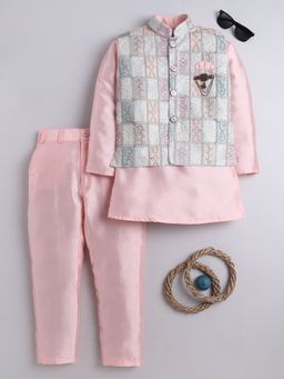 BT DEZINES - Boys Peach Cotton Silk Patchwork Embroidered Kurta & Pyjama with Waistcoat