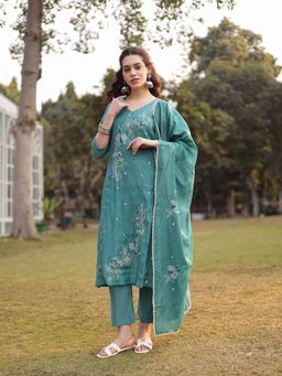 Yufta - Turquoise Blue Mul Chanderi Kantha Work Kurta with Pant & Dupatta