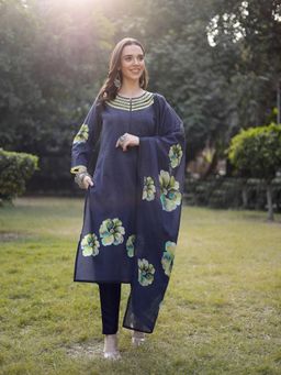 Yufta - Navy Blue Cotton Straight Pakistani Kurta with Pant & Dupatta