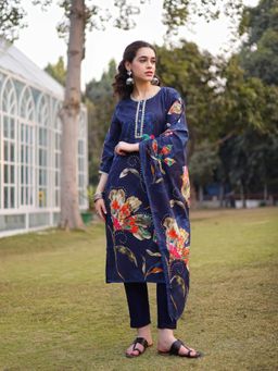 Yufta - Navy Blue Pure Cotton Pakistani Straight Kurta with Pant & Dupatta