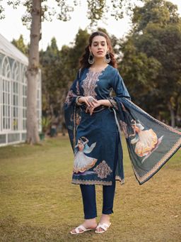 Yufta - Teal Blue Pure Cotton Pakistani Straight Kurta with Pant & Dupatta